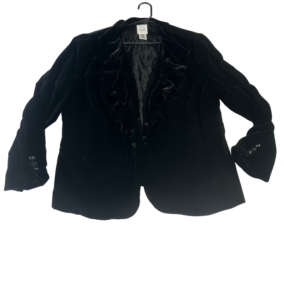 Kate Hill Woman Black Velvet Ruffle Blazer Jacket Size 16W Hook Eye Closure